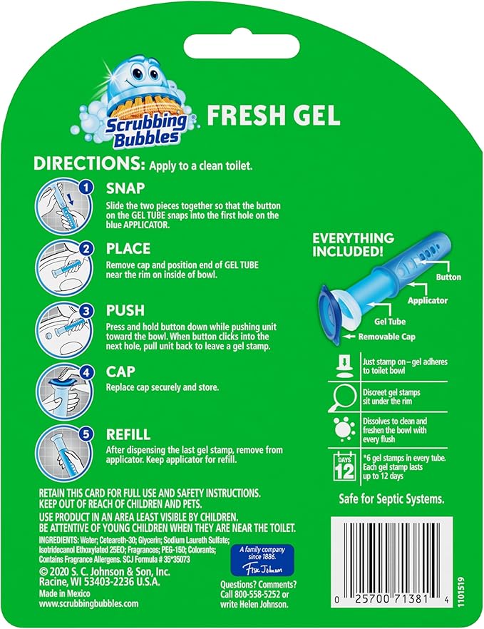 Scrubbing Bubbles Fresh Gel Toilet Bowl Cleaning Stamps Automatic &amp Continuous Bathroom Toilet Cleaner Helps Prevent Limescale &amp Rings Rainshower Scent 1 Dispenser with 6 Stamps (6 Count)