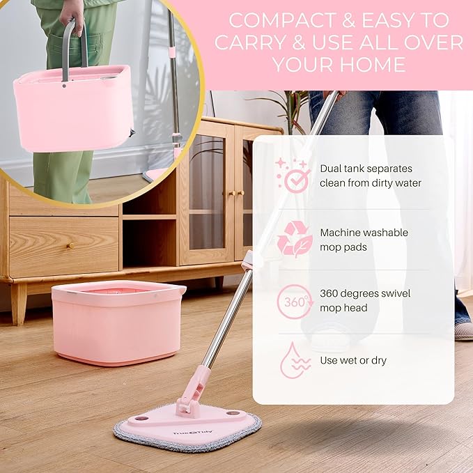 True &amp Tidy® True Clean Mop and Bucket System Includes Square Spin Dual Compartment Mop Bucket and 2 Thick Machine Washable Pads New Upgraded with Side Brush &amp Self Standing Handle Rose