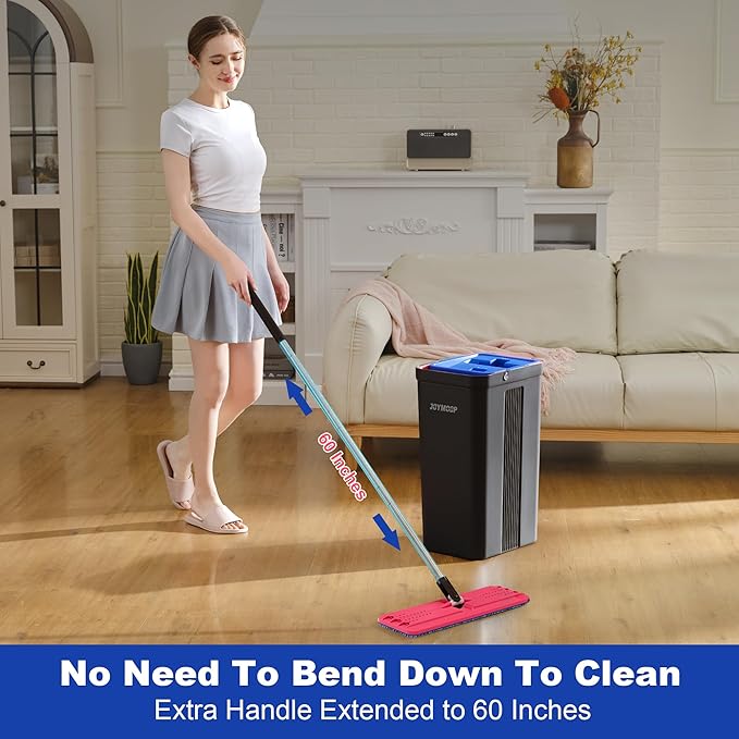 JOYMOOP Mop and Bucket with Wringer Set Hands Free Flat Floor Mop and Bucket with 6 Washable Microfiber Pads Wet and Dry Use Floor Cleaning System - Black+Red+Slate Blue