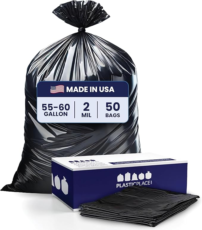 Plasticplace 55-60 Gallon Trash Bags │ 2.0 Mil │ Black Heavy Duty Garbage Can Liners │ 36” x 58” 50 Count Black (Pack of 1)