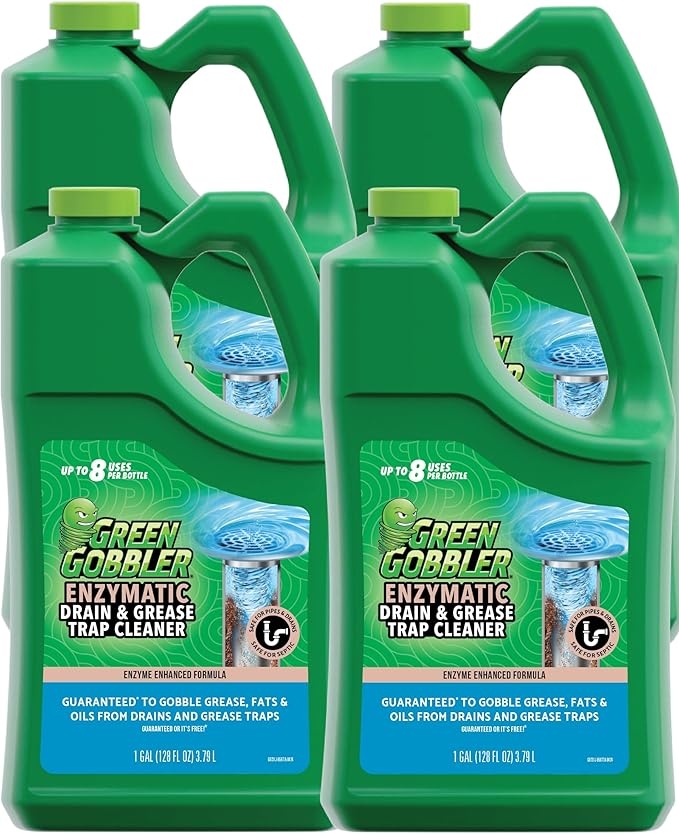 Green Gobbler ENZYMES for Grease Trap &amp Sewer - Controls Foul Odors &amp Breaks down Grease Paper Fat &amp Oil in Sewer Lines Septic Tanks &amp Grease Traps (4 Gallon Case)
