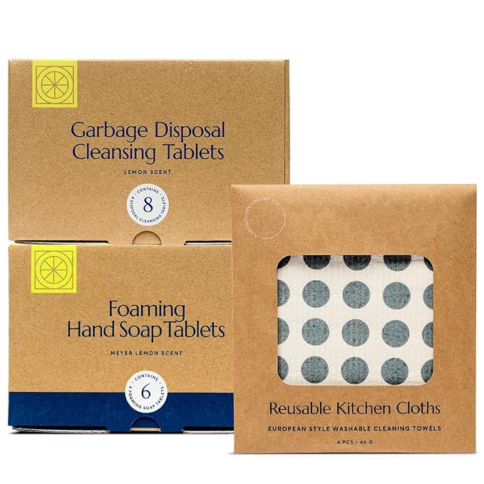 CLEANOMIC Foaming Hand Soap Tablets Garbage Disposal Cleaner and Kitchen Cloth Bundle