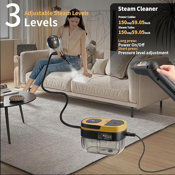 Steam Cleaner 3-Level Adjustable Handle 15s Heat-Up 1.69 Quarts Tank Portable Steamer for Cleaning with 10 Accessories Steam Cleaner for Home for Dirt (Yellow)
