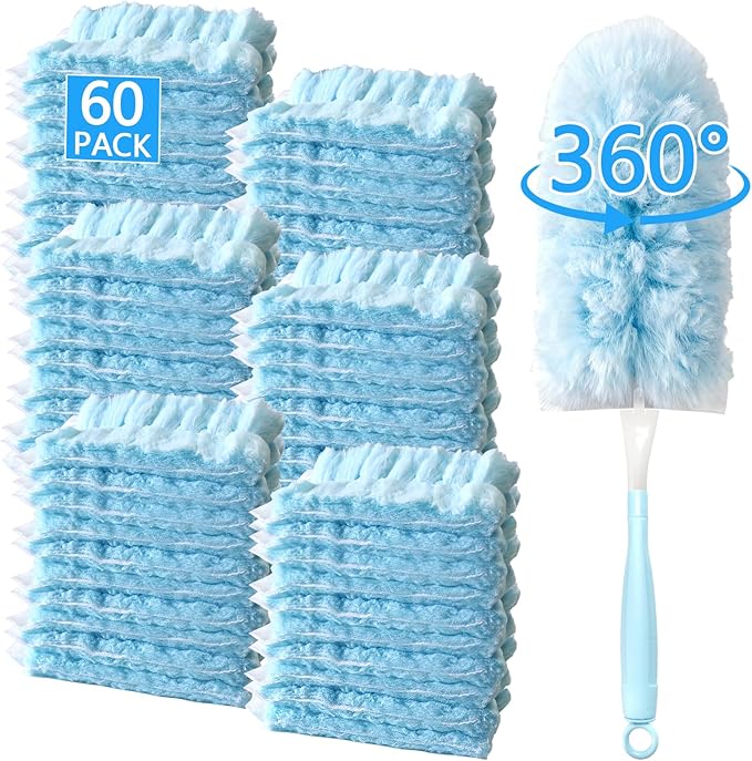 60 Pack Duster Refills Kit Fit for Swiffer Duster Handle360° Deep Cleaner Heavy Duty Replacement with 1 Handle(Blue)