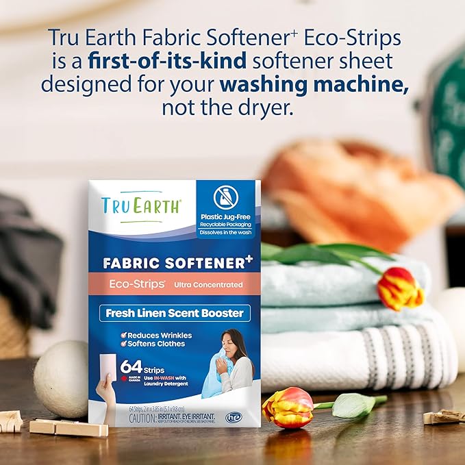 Tru Earth Fabric Softener Strips for Washing Machine Alternative to Fabric Softener Liquid and Pods Fresh Linen Scent Booster Up to 128 Loads Per 64-Count