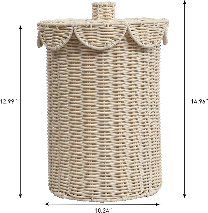 happimess HPM1408W Fern Modern Bohemian Resin 2.9-Gallon Cylinder Wicker Watebasket with Scalloped Lid White
