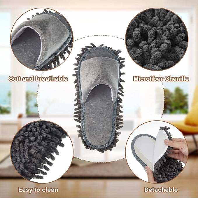Jecery 4 Pair Washable Microfiber Mop Slippers Detachable Dusting Shoes for Floor Cleaning Office &amp Home Use Suitable for Women &amp Men(Black Beige Pink GrayM Size)