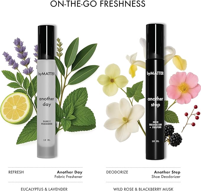 byMATTER Shoe &amp Fabric Freshener Spray Set – Travel Fabric Refresher &amp Shoe Deodorizer Pack Odor Elimination Suits All Materials Smell Remover Sprays (2x 0.34 Fl Oz / 10ml)