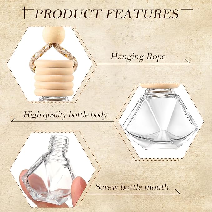Domensi 200 Pcs Car Diffuser Bottles Air Freshener Bulk Hanging Empty Glass Perfume Bottles Refillable Air Freshener Pendant Fragrance Vials Ornament Decor with Wooden Caps String(Classic)