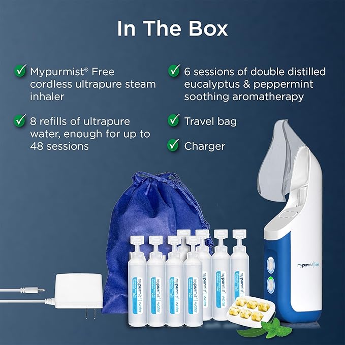 Mypurmist Free Ultrapure Cordless Steam Inhaler - Handheld Personal &amp Battery-Powered Steamer Vaporizer &amp Humidifier for Sinus Relief Nasal Congestion Cold &amp Cough Vocal Care