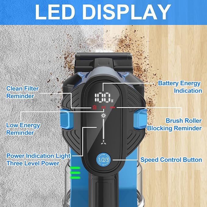 Cordless Vacuum Cleaner 33000pa Stick with Smart LED Display Max 50 Mins Runtime Anti-Tangle Lightweight Handheld for Hard Floor Carpet Pet Hair Home