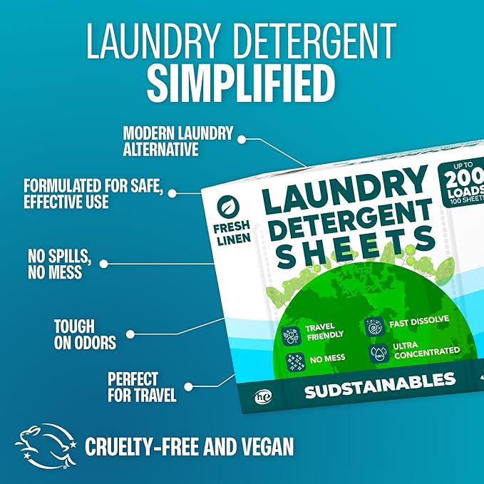 Sudstainables Laundry Detergent Sheets 200 Loads – Dissolvable Laundry Sheet for Washing Machines Compact Alternative to Liquid &amp Powder Detergent Travel-Friendly Soap | Fresh Linen