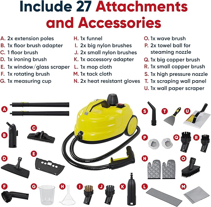 Heavy-Duty Steam Cleaner for Home &amp Car – High-Pressure Chemical-Free Deep Cleaning System Portable Handheld Steamer with 27-Piece Kit for Tile Grout Floors Ovens &amp Upholstery