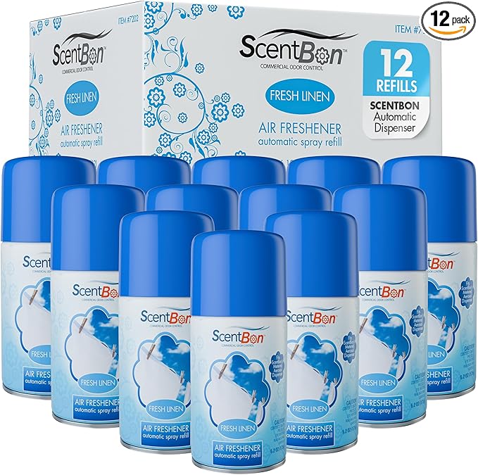 ScentBon Air Freshener Refill Metered Aerosol Can Cinnamon Fresh Linen Green Apple Mango Ocean Vanilla Pack of 12 (12 Blue - Fresh Linen Scent)