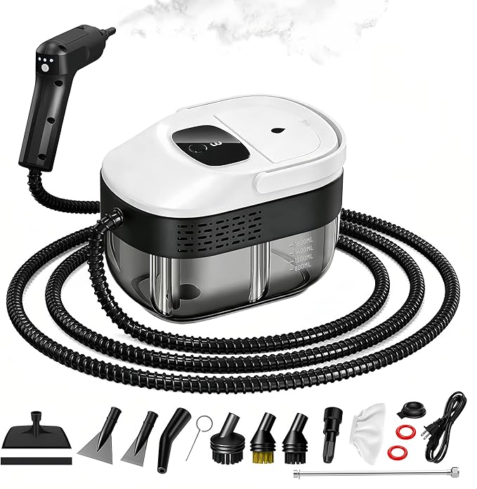 Pressurized Handheld Steam Cleaner 2500W 54oz Large-Capacity Steamer with 3-Level Adjustable Steam 15s Heat-Up &amp 15Pcs Accessories – for Car Tile Grout Couch Floor Bed Dirt Furniture