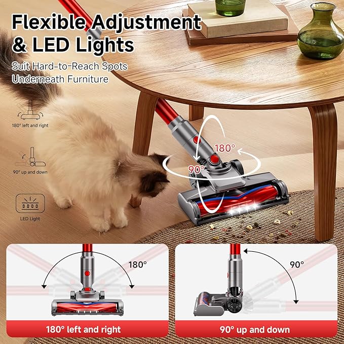 Cordless Vacuum Cleaner 35Kpa Vacuum Cleaner for Home 45Mins Stick Vacuum with LED Display Anti-Tangle &amp Wall Mount Charging 6 in 1 Lightweight Vacuum for Hard Floors Carpet Pet Hair (red)