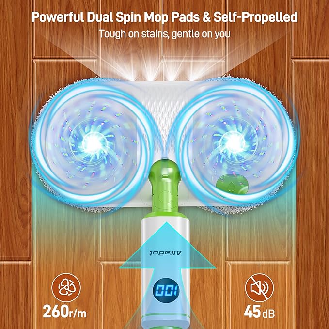 AlfaBot Cordless Electric Mop Electric Mop Floor Cleaner with LED Headlight &amp Water Sprayer Up to 60 Mins Self-Propelled with Big Water Tank for Multi-Surface