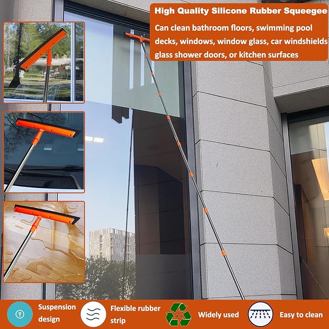 20+ Feet High Reach Duster Kit with 3-14 ft Extension Pole High Ceiling Dusting and Window Cleaning Kit with Spliceable Pole - Window Washer &amp Squeegee Cobweb Duster Fan Blade and Feather Duster
