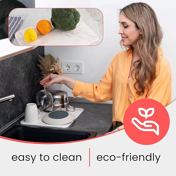 Stone Drying Mat for Kitchen Counter – Diatomaceous Earth Dish Drying Stone (White Marble) – Modern Countertop Drying Rack – Water Absorbent Heat Resistant Non-Slip Kitchen Mat with Towel (16x12)
