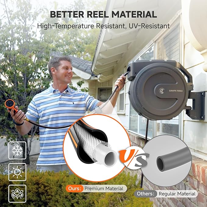 Giraffe Tools Heavy-Duty Wall-Mounted Hose Reel 5/8 x 90 ft Retractable Hose with Automatic Rewind 180° Swivel Any-Length Lock &amp 9-Pattern Nozzle (Dark Grey)