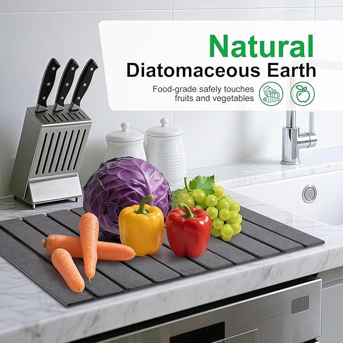 Large Stone Dish Drying Mat for Kitchen Counter 24x16 Inches Diatomaceous Earth 1-Second Absorption Quick-Dry Foldable Non-Slip Easy to Clean for Dishes - Dark Gray