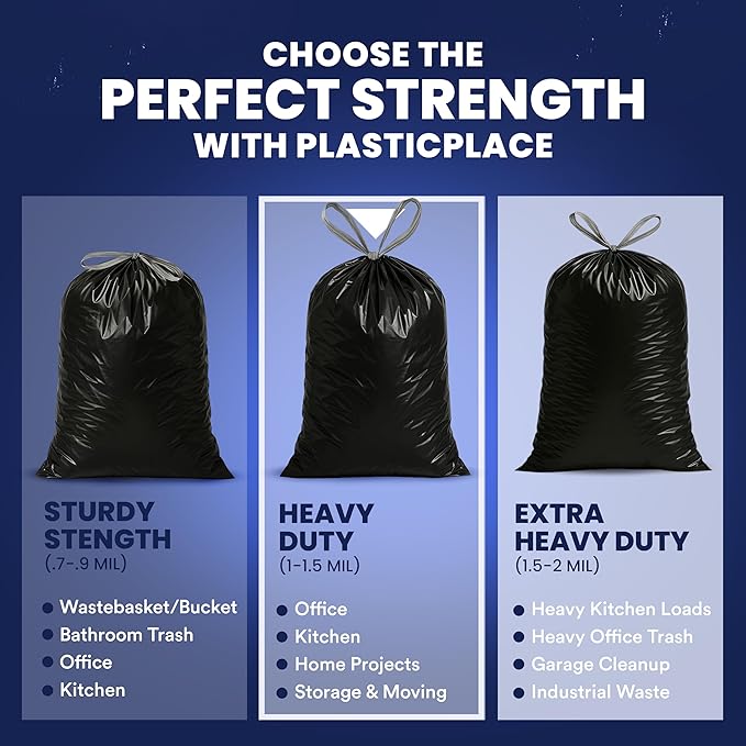 Plasticplace 13 gallon Extra Tall Drawstring Kitchen Trash Bags | Black 1.2 Mil 24W x 31H (200Count)