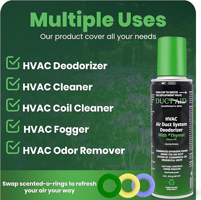 HVAC Air Deodorizer &amp Mold Treatment Fogger 3-Pack with 3 Scented O-Ring Pads | Air Duct Freshener for HVAC &amp AC Vents | Plant-Based Thymol Fogger for Home Car &amp Commercial Spaces