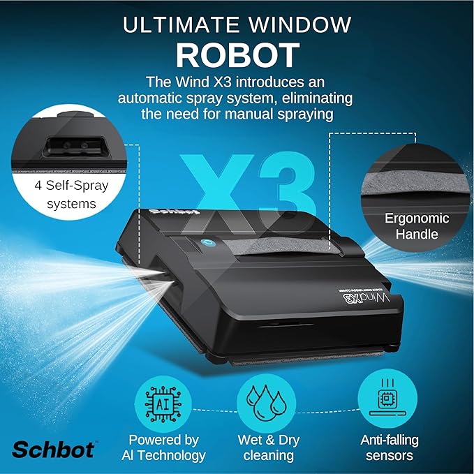 Wind X3 2026 Window Cleaning Robot – Black Robot Window Cleaner with Automatic Spray Function Suitable for Small and Big Windows with and Without a Frame