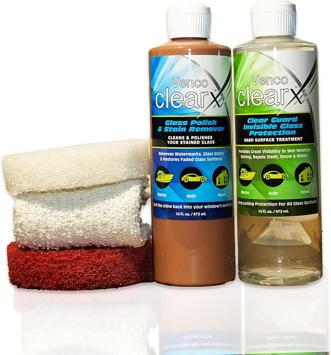 Venco Clear X Glass Polish &amp Protector - 16oz Kit for Removing Rust Burnt-In Stains Water Spots - Protects &amp Repels Water Snow - Ideal for Yachts Cars Home Windows RVs &amp More - Made