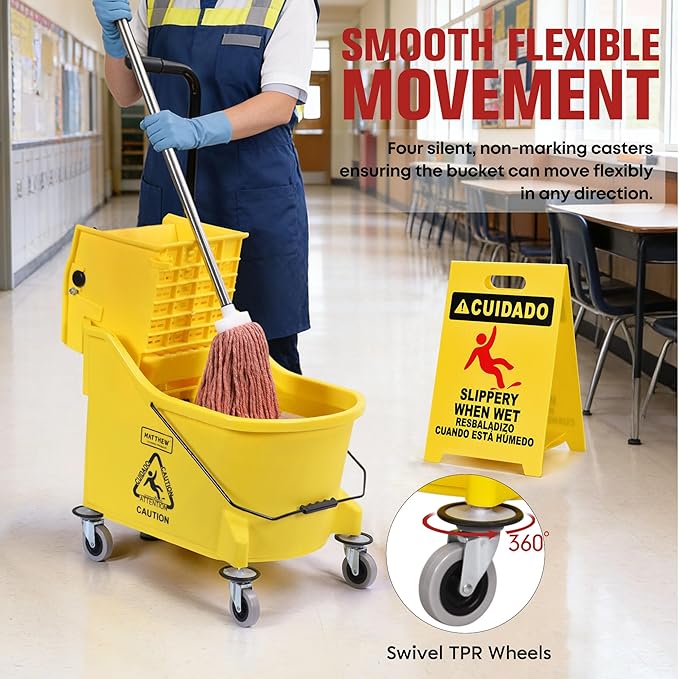 Matthew Cleaning 44Quart Commercial Mop Bucket INCL.Wet String Mop&amp 19'' Industrial Wet Floor Sign with Side Press Wringer On WheelsTandem Portable Floor Cleaning WavebrakeIdeal for Household