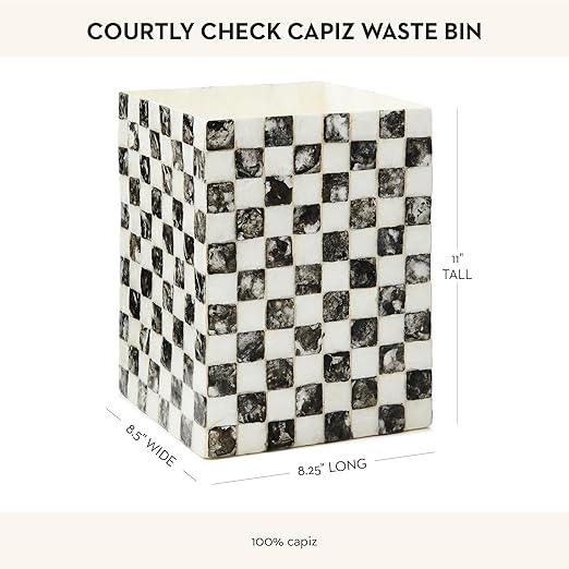 MACKENZIE-CHILDS Capiz Waste Bin Decorative Bathroom and Bedroom Trash Can Black-and-White Courtly Check