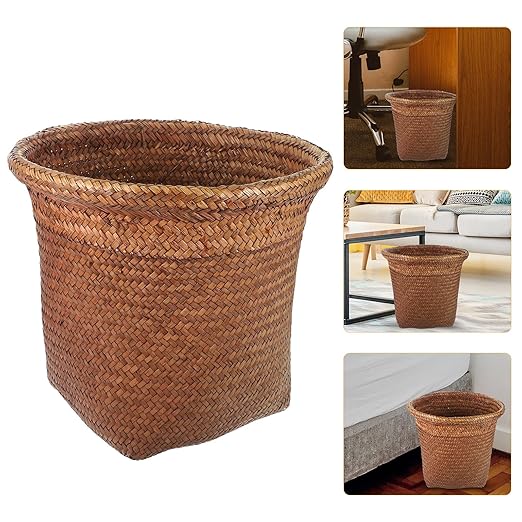 Homoyoyo Straw Woven Wastebasket Large Round Decorative Trash Can Bin for Bedroom Bathroom Home Office Smooth Edges Lightweight Paper Basket for Easy Waste Disposal Functional Storage