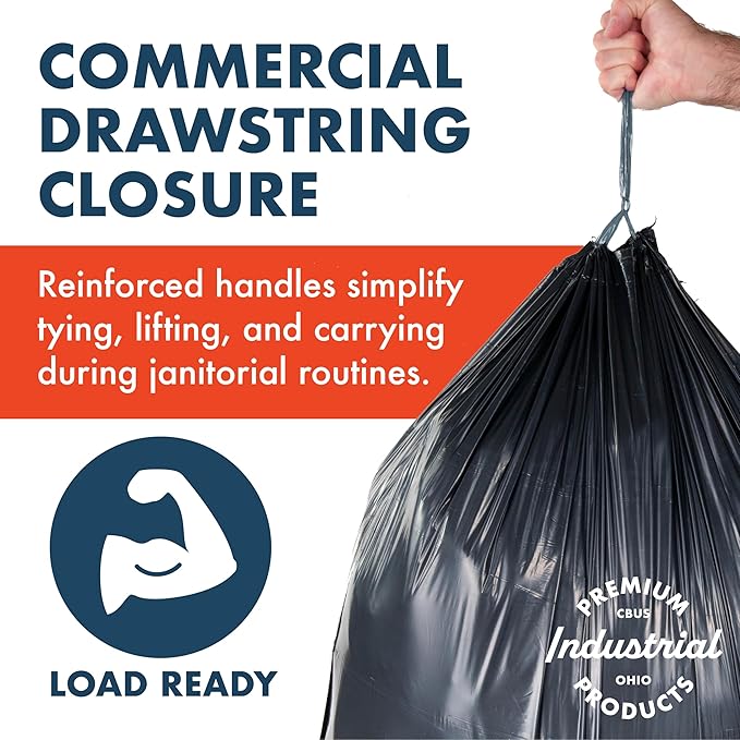 Made Here 55 Gallon Heavy Duty Commercial Trash Bags with Drawstring – Black Waste Can Liners for Office Janitorial and Facility Use Leak-Resistant 100 Count