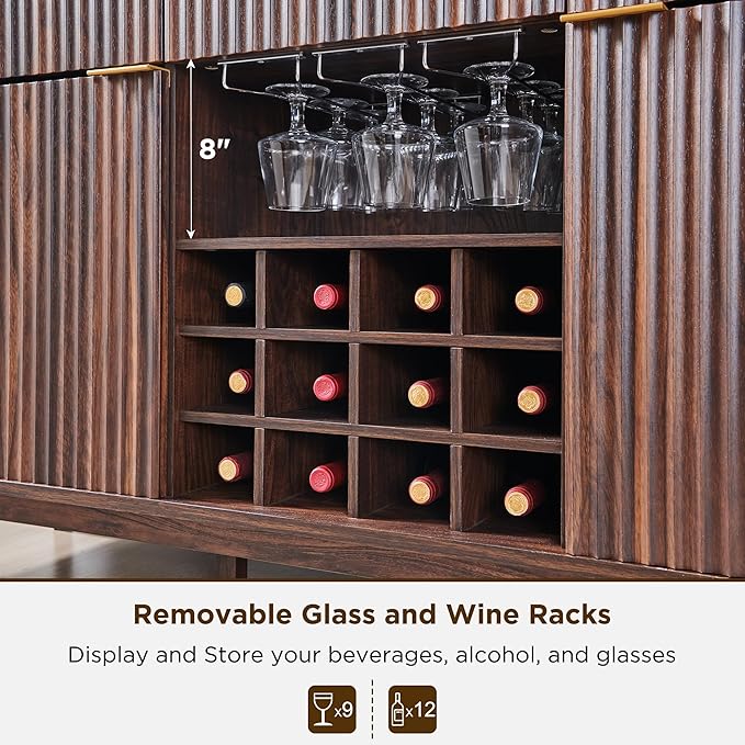 OKD Fluted Wine Bar Cabinet 60 Wide Modern Buffet Sideboard with Ample Storage - 2 Side Cabinets 3 Drawers 4 Glass Holders &amp 12 Wine Racks Coffee Bar Cabinet for Kitchen Dining Room Dark Wa