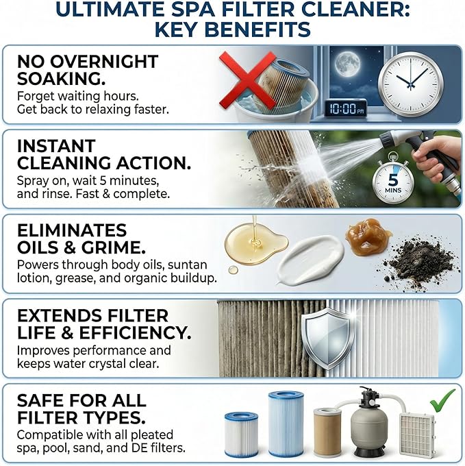 Ultimate Spa Filter Cleaner Fast-Acting Spray. Instant clean for Hot Tub &amp Pool Filters leaving behind no sticky residue. Prolongs filter life and pool equipment. No soaking. (1-Gallon)