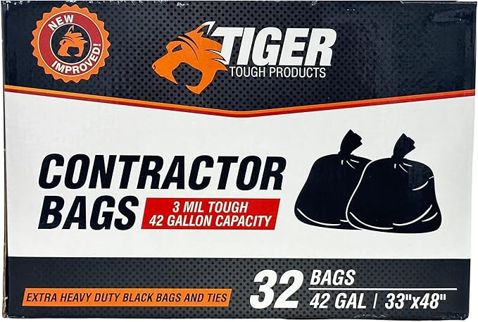 Tiger Tough 42 Gallon Contractor Garbage Bags - 3 Mil Heavy Duty Trash Bags Unscented 32 Large Black Plastic Can Liners for Tall Kitchen Construction Cleanup Commercial Industrial Lawn Yard Waste