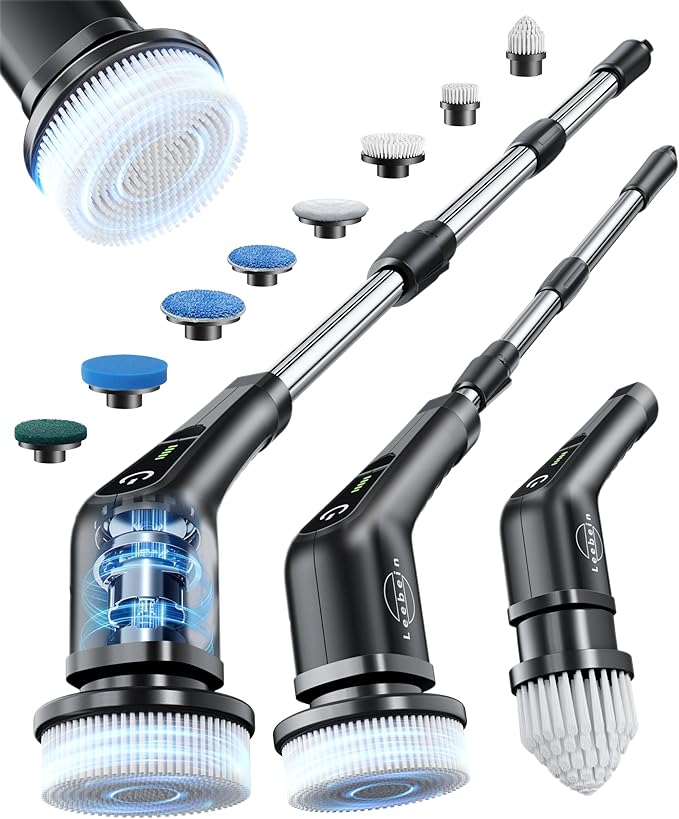 Leebein Electric Spin Scrubber Cordless Cleaning Brush with 8 Replaceable Brush Heads Tub and Floor Tile Power Scrubber Dual Speed with Adjustable &amp Detachable Handle for Bathroom Tub (All Black