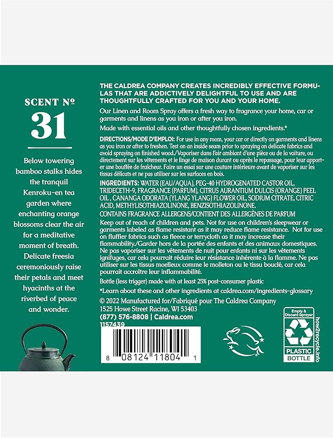 Caldrea Linen and Room Spray Air Freshener Made with Orange Peel and Ylang Ylang flower Essential Oils Plant-Derived and Other Thoughtfully Chosen Ingredients Orange Blossom Bamboo scent16 oz