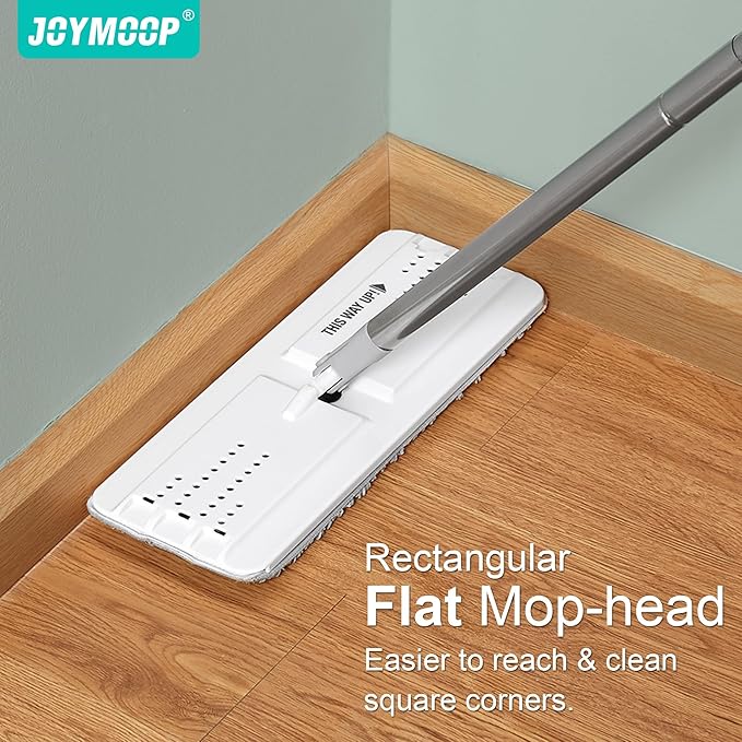 JOYMOOP White Flat Mop &amp Bucket with 1 Microfiber Pad 12 Disposable Toilet Brushes Stainless Steel Toilet Brush and Holder Set Multi-Functional Cleaner for Floors Windows and Toilets