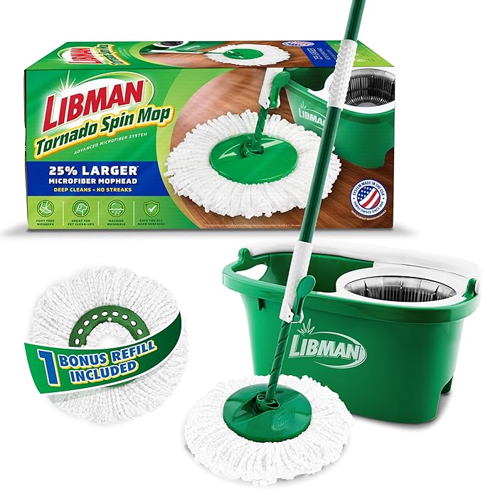 Libman Tornado Spin Mop System and 1 Refill Mop and Bucket with Wringer Set for Hardwood Floor Cleaning 2 Total Heads Included