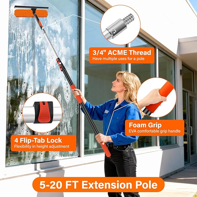 14 Window Squeegee with Extension Pole26FT Reach High Window Washers for High Outside WindowsProfessional Window Cleaning Tool Kit Include Replacement180°Rotatable Squeegee for Indoor/Outdoor