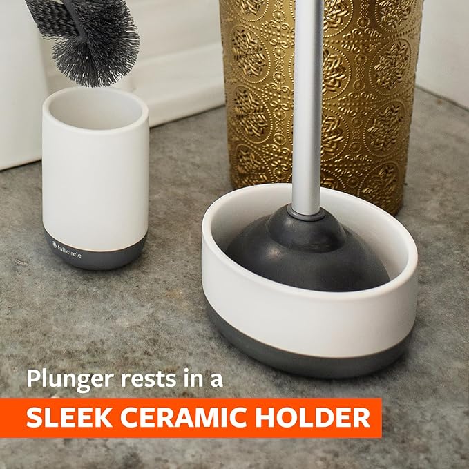 Full Circle Royal Plunge - Bathroom Toilet Plunger with Ceramic Holder and Instant-Dry Coating for Mold &amp Mildew Prevention Easy to Clean &amp More Hygenic White
