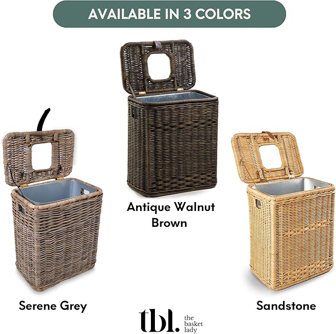 The Basket Lady Drop-in Wicker Rectangular Trash Basket with Metal Liner 20 in L x 13 in W x 24 in H 19 Gallon Capacity Serene Grey…