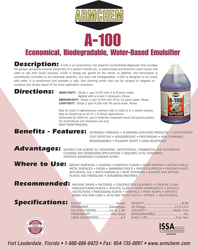 A-100 Heavy Duty Biodegradable Degreaser - Economical Non-Toxic Water-Based Emulsifier for Industrial Institutional and Commercial Cleaning. 1 Gallon.