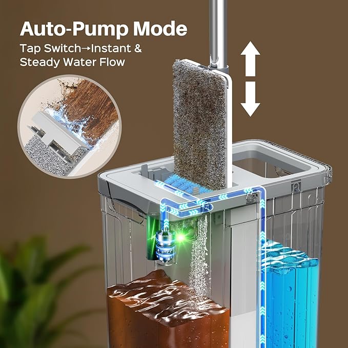 Mop and Bucket Set with AUTO Pump 3-Zone Separate Dirty and Clean Water Flat Mop and Bucket System with Wringer and Wheels 3 Reusable Microfiber Pads One-Touch Water Filling for Home Cleaning