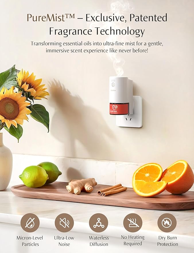 SF101 Pro Plug In Air Freshener Waterless Essential Oil Diffuser Non-Toxic Aroma Diffuser Adjustable 120-Day Natural Scent Mist Covers 1000 Sq Ft- Free 30ml Pear &amp Freesia