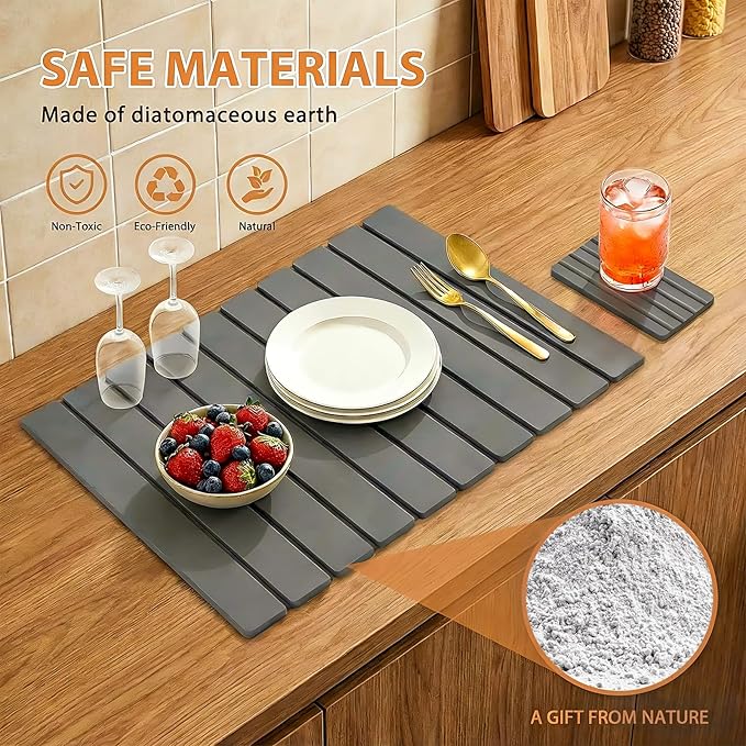 Large Stone Dish Drying Mat for Kitchen Counter 2 PCS Quick Dry Diatomaceous Earth Dish Mat Set – Foldable Water Absorbing Kitchen Gadgets &amp Gifts Home Essentials(Gray Ink 24×16 &amp 8x4)