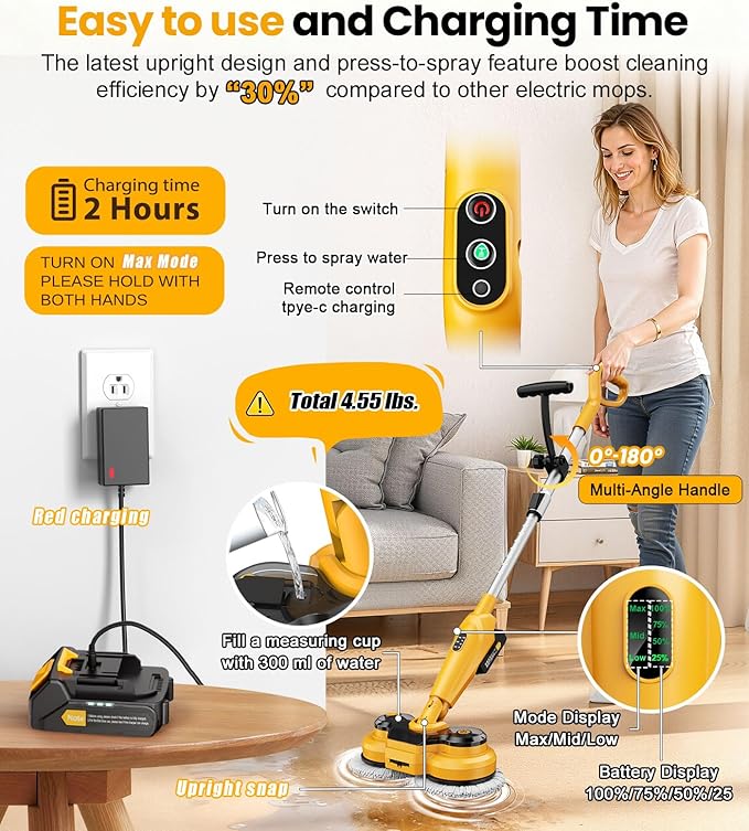 qimedo 6000mAh Battery Cordless Electric Mop M3 Pro 800RPM Electric Power Scrubber &amp Mops for Floor Cleaning Automatic Spin Mops with Smart DisplayRotating Mop with LED Light &amp Water Spray