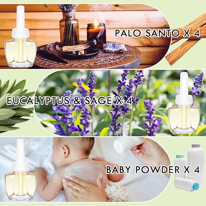 Plug Ins Refills Air Freshener - Palo Santo Eucalyptus &amp SageBaby Powder Scent -12 Count Compatible with Air Wick &amp Glade Not Include Glade Plus