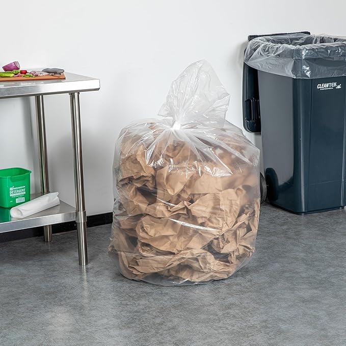 Restaurantware-RW Clean 55 Gallon Trash Bags 100 Light-Duty Garbage Can Liners- Fits 55-60 Gallon Trash Cans Stretchable Clear Plastic Bin liners with Star Seal Bottom